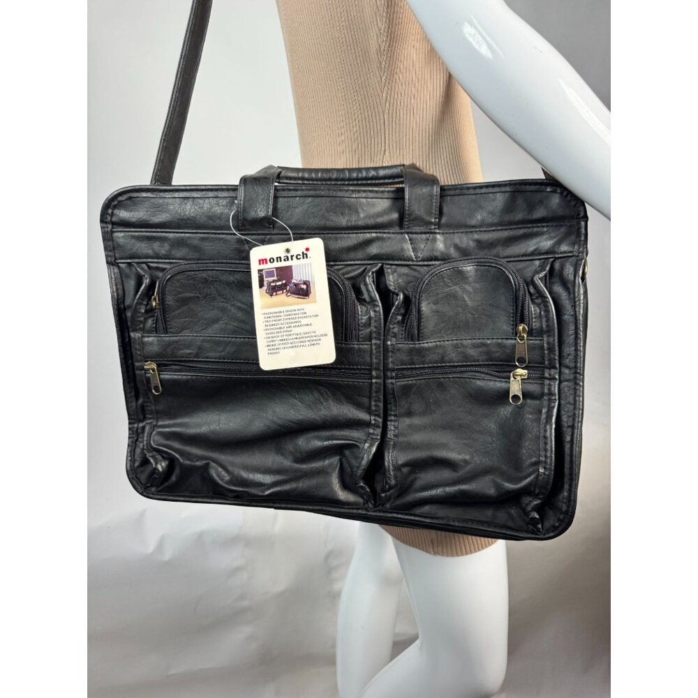 Monarch Black Leather Look Business Briefcase With Multiple Zippered Pockets & A - Picture 4 of 16